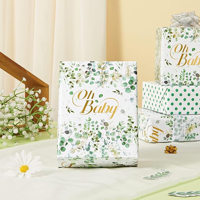 WERNNSAI Green Sage Wrapping Paper - 1 Roll 17”x 9.8 ft Baby Shower Wrapping Paper Green Flower Gift Packing Supply Wedding Bridal Shower Wrap Decor Favor for Baby Girls Birthday Festival Party