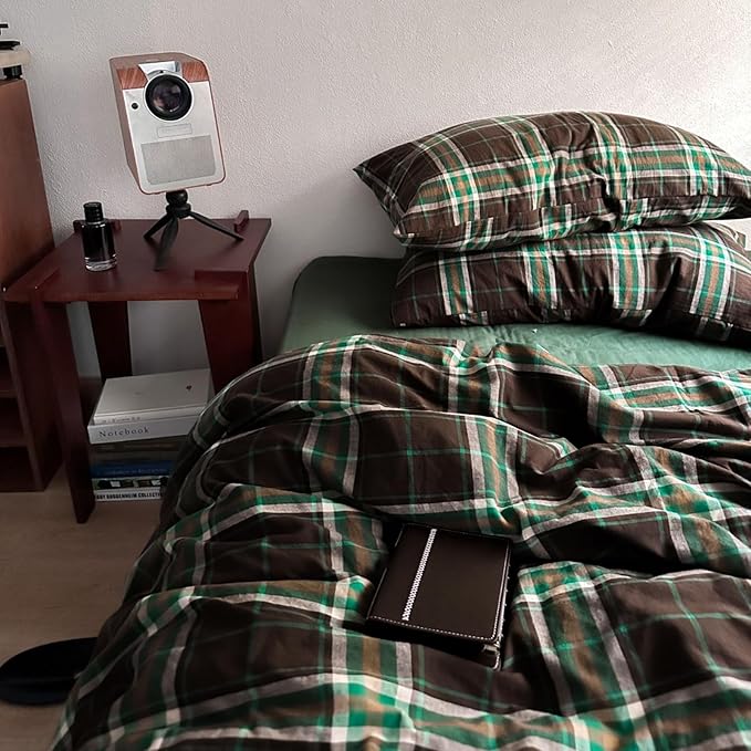 LifeTB Brown Green Plaid Comforter Set King Size, 3 Pieces Grid Gingham Bedding Comforter with 2 Pillowcases, Fluffy Soft Farmhouse Grid Bedding Vintage Plaid Checkered Comforter Set for All Seasons