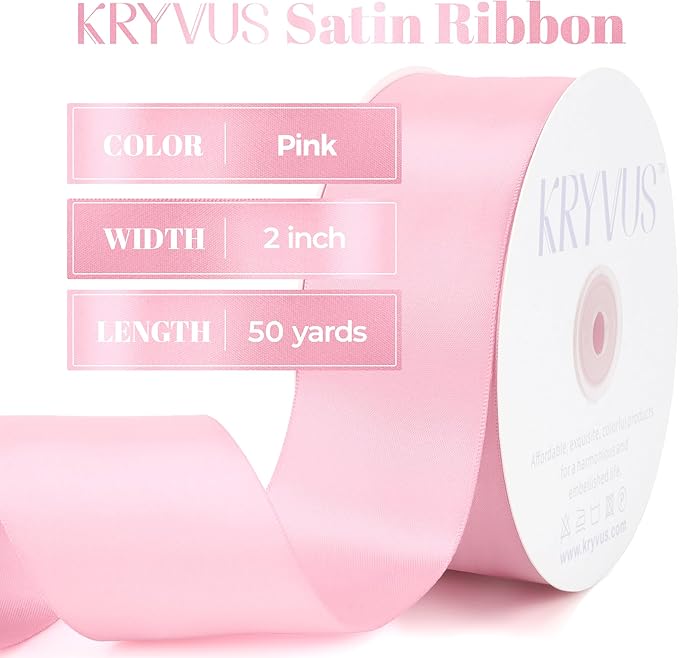 Pink Satin Ribbon, Double Faced 2 Inch X 50 Yards Pink Ribbon, Premium Satin Ribbon for Gift Wrapping, Crafts, Hair Bow Making, Sewing, Flower Bouquet, Wedding Party Decor