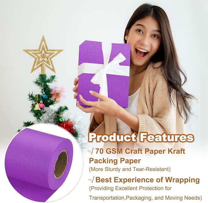 PATIKIL Wrapping Paper, 17" x 450"(37') 70 GSM Craft Paper Roll Kraft Packing Paper for Poster Bulletin Board, Gift Wrapping, Dark Purple