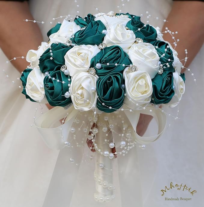 Bridal Wedding Bouquet Round Bling Brooch Bouquet Throw Toss Artificial Rose Flower Bunch for Bride Bridesmaid Wedding Quinceanera(Dark Green & Ivory, 8.7")