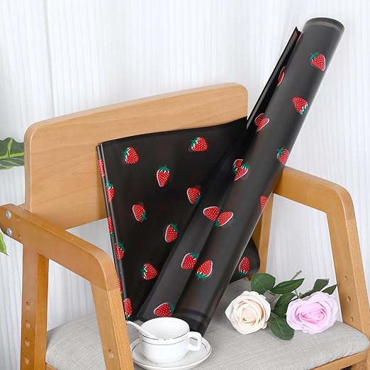 20 Sheets Bouquet Wrapping Paper, 22.4Inch Black Strawberry Pattern Flower Floral Wrapping Paper Black Floral Paper for Bouquets Kit, Waterproof Decorations with Ribbon for DIY Crafts Wedding Birthday Party