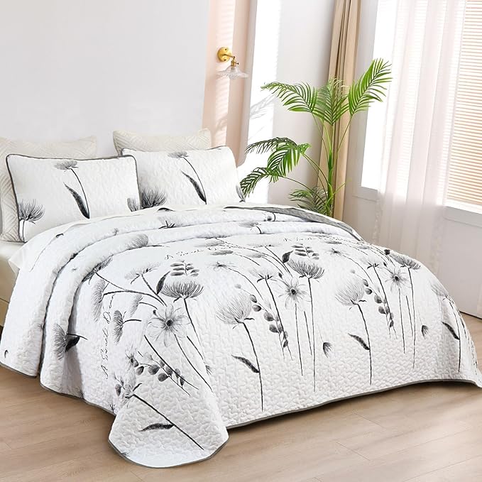 Dinjoy King Size Quilt Set Floral,3 Pieces Grey & White Quilts Coverlet Set Flower Bedspreads Bed Cover Lightweight Fall Quilt Gray Boho Farmhouse Bedding Sets for Bed (110"x90")