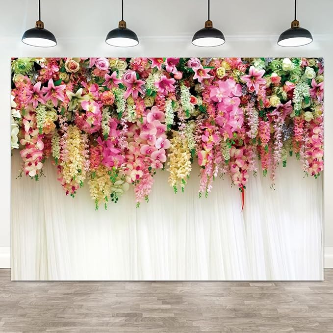 15x10ft Pink Floral Backdrop White Curtain Wedding Reception Photography Background Colorful Flowers Anniversary Bridal Shower Decorations Birthday Party Baby Shower Portrait Photo Booth Prop