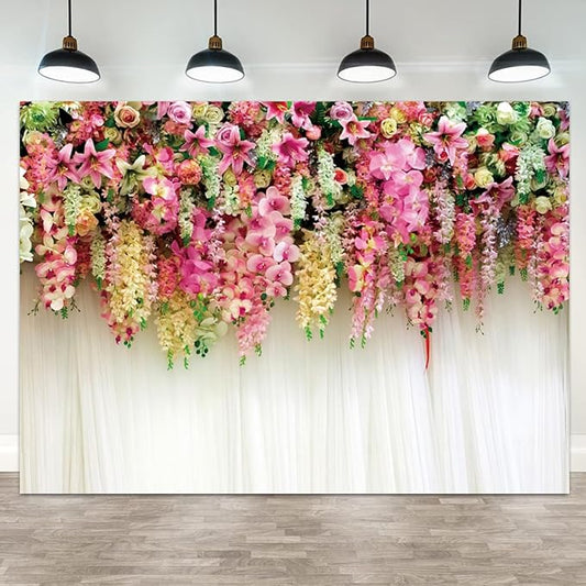 8x6ft Pink Floral Backdrop White Curtain Wedding Reception Photography Background Colorful Flowers Anniversary Bridal Shower Decorations Birthday Party Baby Shower Portrait Photo Booth Prop