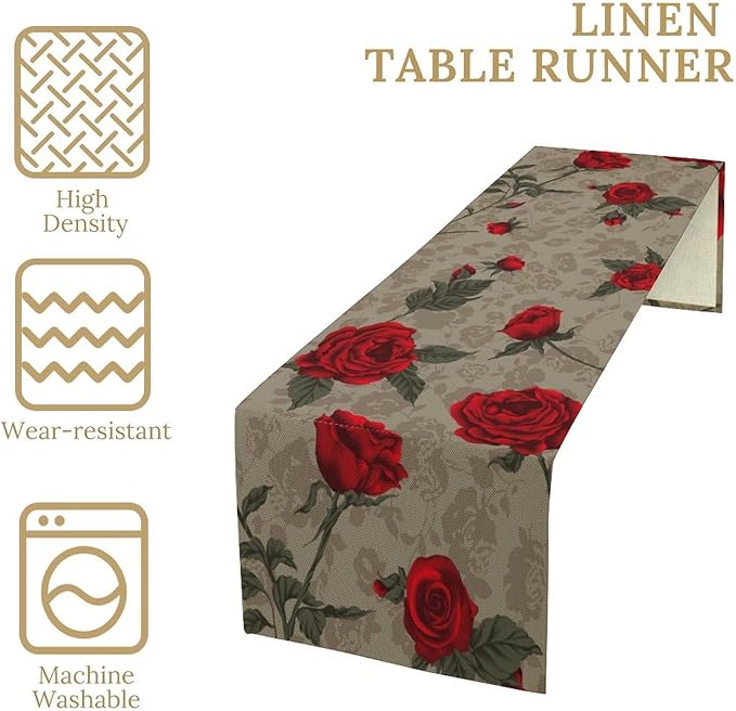 Red Rose Print Table Runner, Romantic Vintage Rose Spring Summer Dinner Runner Table Decoration for Home Kitchen Dining Holiday Wedding Party 13x70in