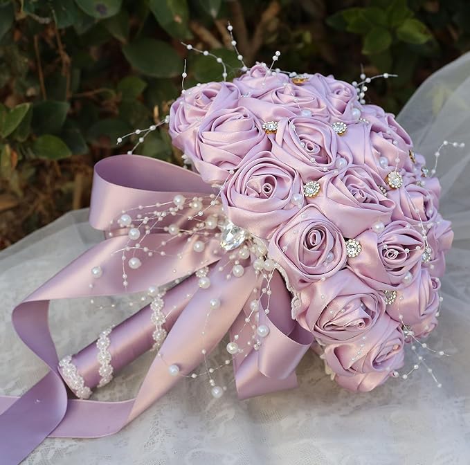 Bridal Wedding Bouquet Round Bling Brooch Bouquet Throw Toss Artificial Rose Flower Bunch for Bride Bridesmaid Wedding Quinceanera(Light Taro Purple, 8.7")