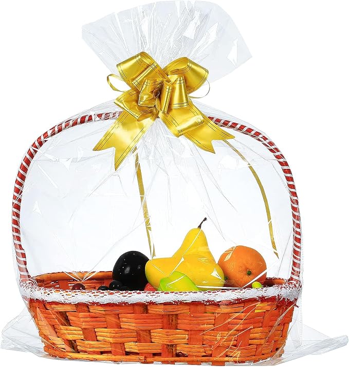 100 Packs Large Cellophane Bags 18" x 24" Clear Cellophane Gift Basket Wraps 2.3 Mil Thick Transparent Cello Bags for Fruit Basket, Gift Wrap, Treats, Arts and Crafts, 100ct Yellow Ribbon Bows