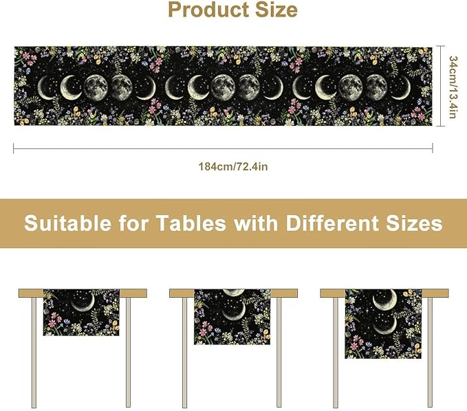 Wild Floral Table Runner, Boho Spring Gothic Moon Phase Wildflower Mystical Witchy Farmhouse Coffee Table Center Decor for Home Kitchen Dining Patio Holiday Party Table Decorations 13x108 inches