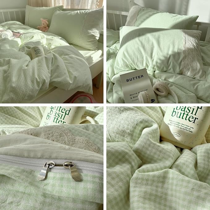 LifeTB Green Gingham Duvet Cover Queen 3 Pieces Romantic Lace Duvet Cover Soft Washed Microfiber Green Grid Plaid Comforter Cover with 2 Pillowcases Farmhouse Checkered Gingham Bedding Set