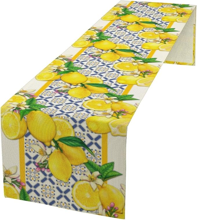 Lemon Table Runner ,Summer Blue Tiles Lemons Kitchen Dining Table Decoration Lemons Table Cover for Indoor Outdoor Home Party Decor, 13 x108 in