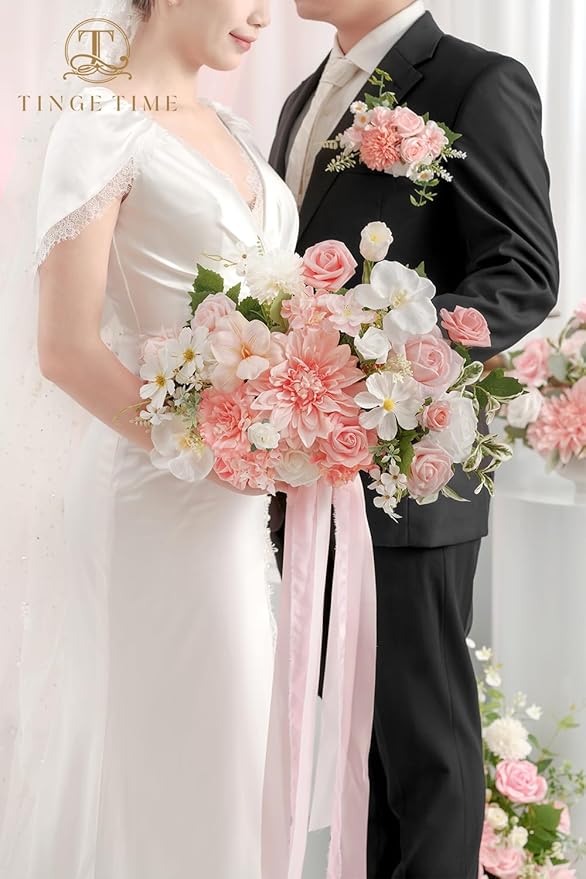 TINGE TIME 11 Inch Wedding Bouquets for Bride, PeachPink&White Artificial Flowers Bouquet, Brides & Bridesmaids Bouquet for Wedding Anniversary Ceremony Bridal Shower Decorations