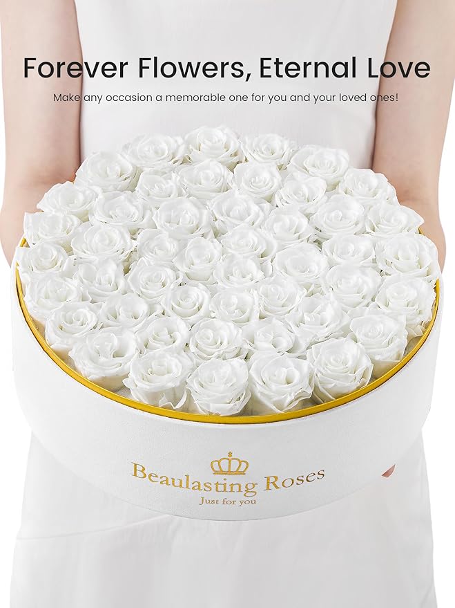 Preserved Roses Forever Flowers Real Roses in a Box Mother's Day Birthday Flowers for Her Mom Women Wife Valentine's Day, 47 White Roses
