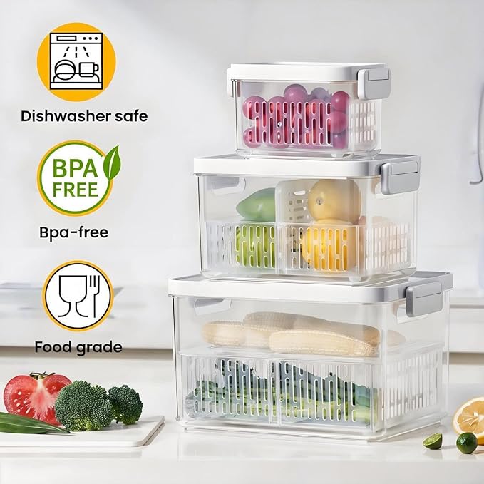 vacane 2 Pack Produce Saver with lids & Colanders, Clear Fruit Containers for Fridge Dishwasher Safe Berry Containers, BPA-Free Lettuce Keeper, Keep Vegetable Food Fresh