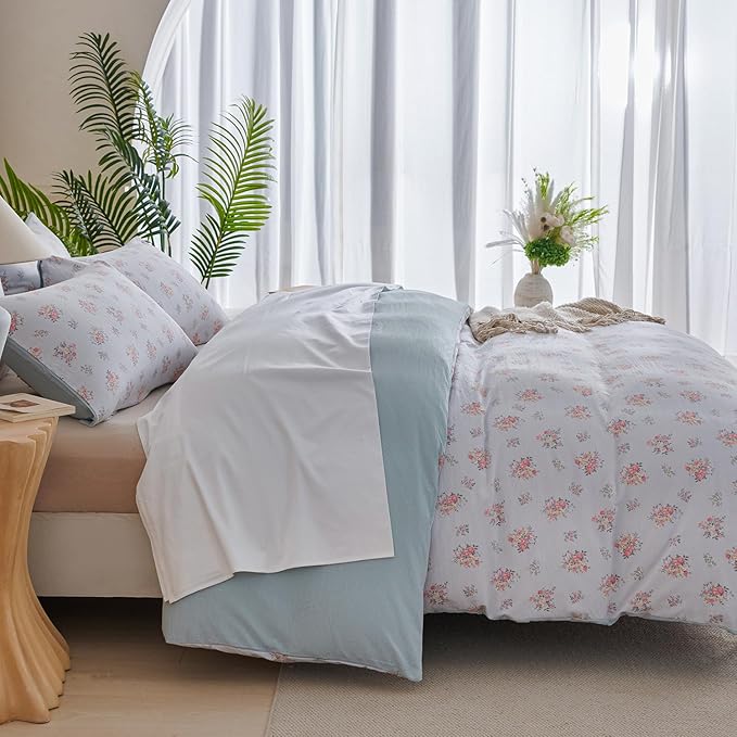 Queen Size Floral Comforter Soft 3 Pieces Chic Crinkle Gauze Fabric Garden Style Flower Print Botanical Comforter for All Seasons Luxury Warmth Comfy Breathable with 2 Pillowcases