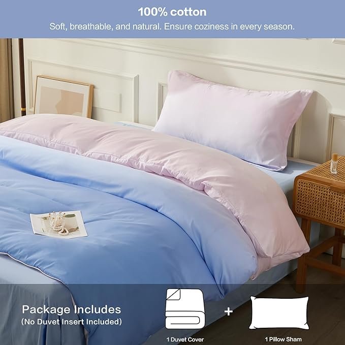 SAPHREAS Twin Size Duvet Cover Blue Pink Gradient Bedding Set with 8 Corner Ties and 1 Pillow Sham Microfiber Reversible Duvet Cover Set with Zipper Closure