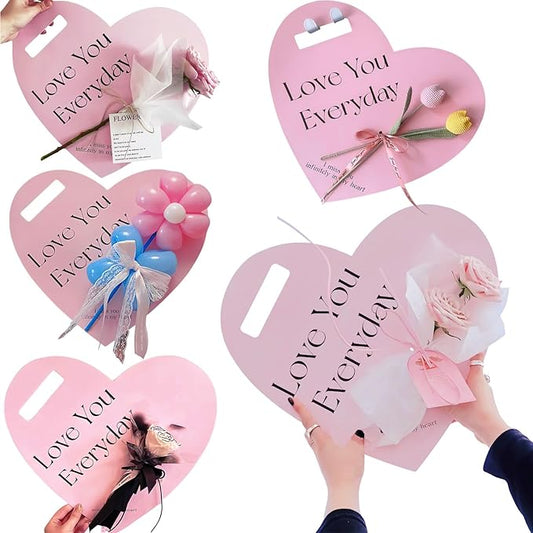 Ylapagne 5 PCS Valentine's Day Handheld Flower Wrapping Box Heart Shaped Flower Tote Single Rose Bouquet Packaging Floral Boxes for Valentine's Day Mother's Day Wedding(Pink)