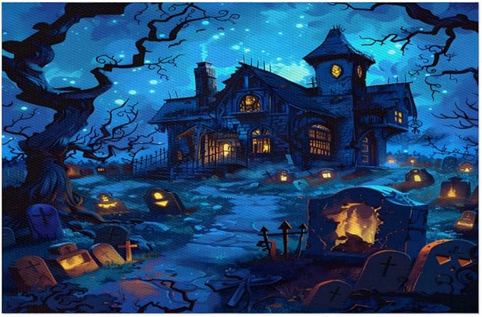 Halloween Castle Scary Blue Placemats Set of 6 PVC Vinyl Non Slip Table Mats Heat Resistant Place Mats Washable Wipeable Dining Table Mat for Kitchen Decor Party Indoor Outdoor Decorative Gift