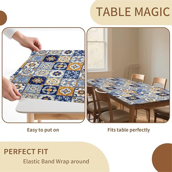 Rectangle Table Cloth Cover Waterproof Elastic Fitted Polyester Fitted Tablecloths for 4 Foot Tables for Indoor,Picnic, Camping, Outdoor （48" x 30"，Bohemian Style）