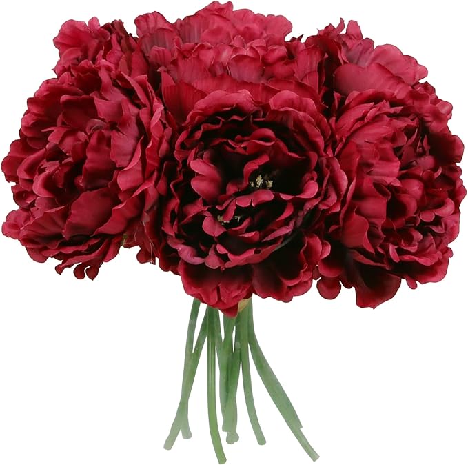 Tinsow Burgundy Artificial Peony Flowers for Halloween Home Decoration, 5 Pcs Red Faux Peonies for Fall Decoration, Silk Flowers Bouquet (5, Maroon)