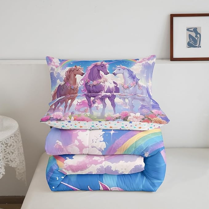 Castle Fairy Dreamy Unicorn Comforter Set King Size,Rainbow Blue Sky Colorful Flowers Reversible Bedding Set All Season Quilt Set,Cartoon Animal Floral Galaxy Microfiber Polyester Down Comforter