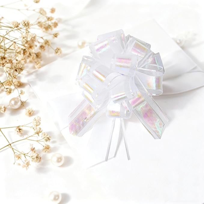 10-Pack Pearl White Pull Bows for Gift Wrapping - 6 Inch Reusable Ribbon Bows, Large Instant Floral Decor Bows for Wedding, Christmas, Birthday Decor, Gift Basket & Party Decorations