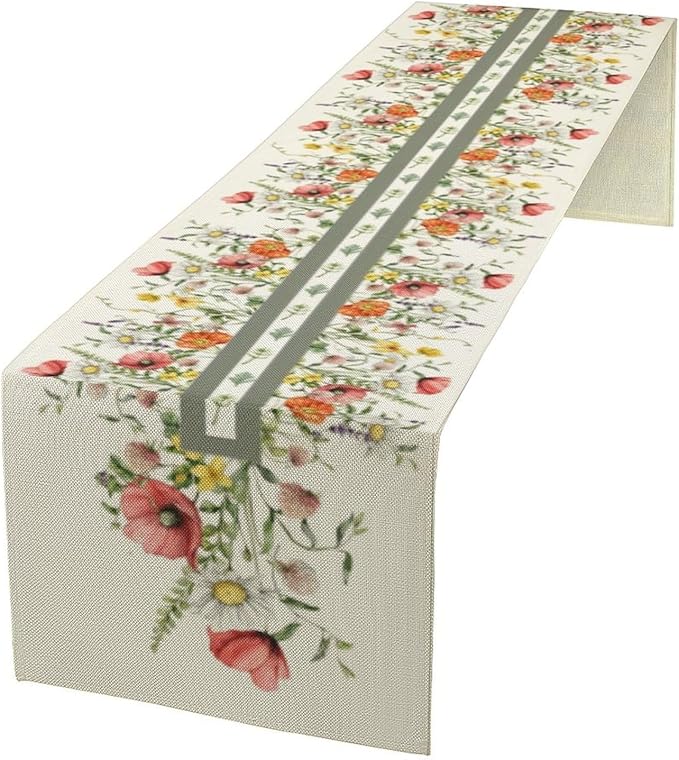 Watercolor Floral Table Runner, Red Wildflowers Botanical Nature Farmhouse Design Table Runner for Kitchen Dining Home Party, 13x70 Inch