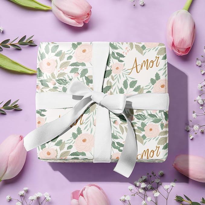 LeZakaa Flower & Love Wrapping Paper Roll, Amor (love in Spanish) Text & Floral Rose Design Gift Wrap for Mother's Day, Wedding, Anniversary, Valentine’S Day, Mini Roll, 17 inches x 16.4 Feet