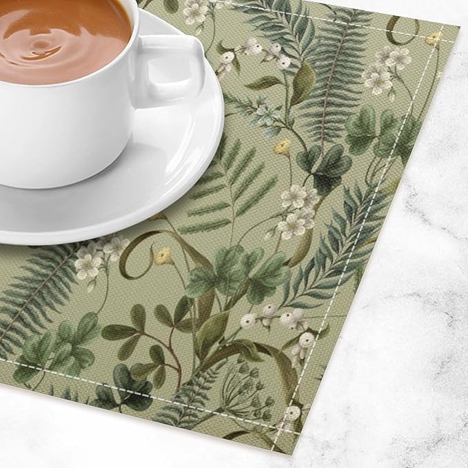 Retro Plant Placemats Set of 8, 17x12 Inch Green Leaves Retro Elegant Nature Plant Aesthetic Table Mats for Home Party Kitchen Dining Decor