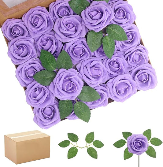 Artificial Flowers Roses Real Looking Foam Fake Roses with Leaves and for DIY Wedding Bouquets Bridal Shower Centerpieces Party Decorations (Lilac, 200)