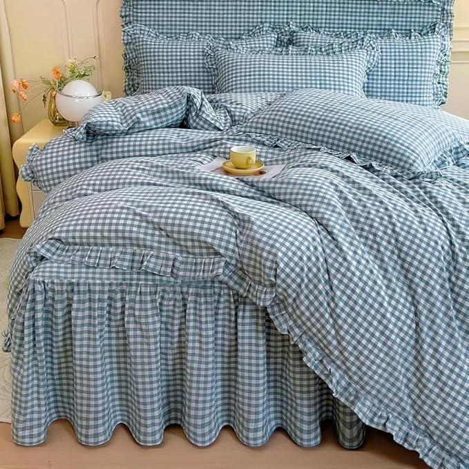 LifeTB Blue Gingham Comforter Set King 3 Pieces Ruffle Plaid Checkered Pattern Comforter Chic Gingham Bedding Set Fluffy Soft Grid Plaid Bedding Comforter Farmhouse Checkered Comforter Set King