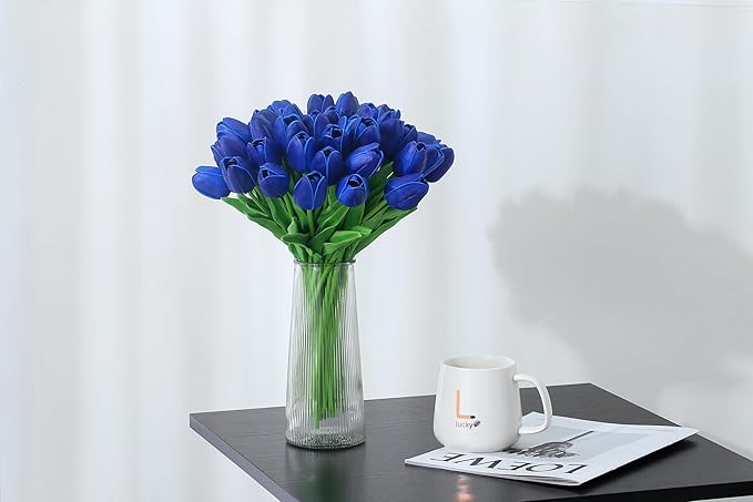 20pcs Blue Tulips Artificial Flowers Fake Silk Tulips Real Touch Flowers for Spring Kitchen Wedding Home Decor Arrangements Easter Decor 14 Inch