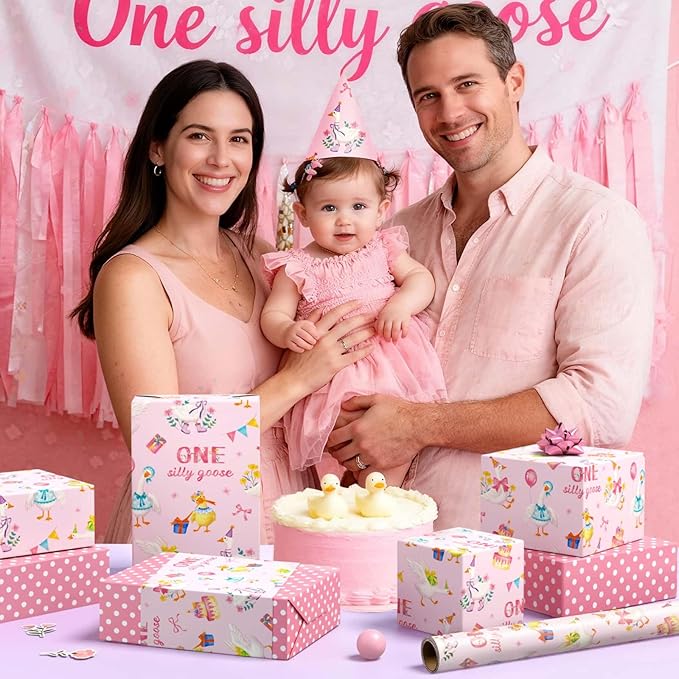 WERNNSAI Silly Goose Wrapping Paper - 1 Roll 17”x 33 ft 1st Birthday Wrapping Paper Pink Birthday Gift Wrap Baby Girls One Year Present Packing Wrap Baby Shower Reversible Design