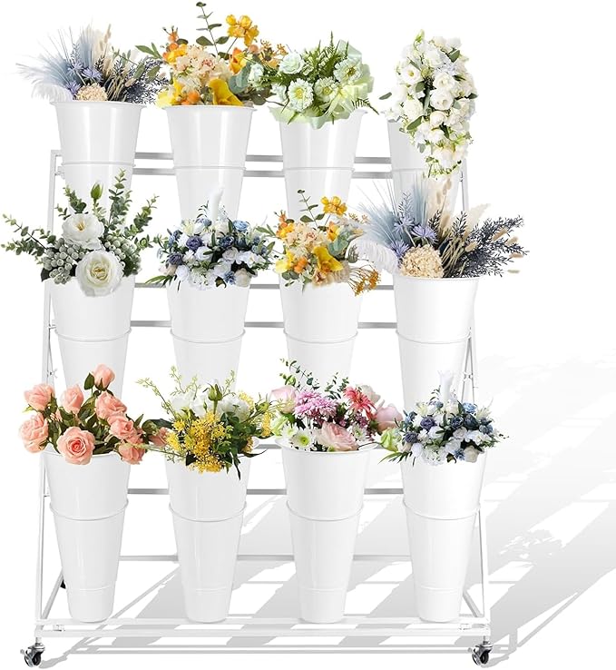 Flower Display Stand 3 Layers with 12 PCS Round Buckets, Plant Stand with Wheels, Movable Metal Plant Stand for Terrace Garden, Florist Shop, Wedding, Party, Easy to Install (White)
