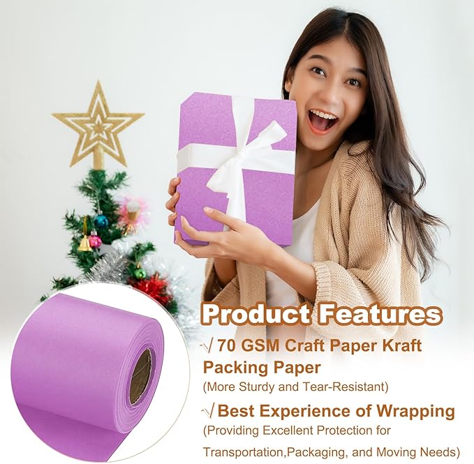 PATIKIL Wrapping Paper, 17" x 600"(49') 70 GSM Craft Paper Roll Kraft Packing Paper for Poster Bulletin Board, Gift Wrapping, Light Pink