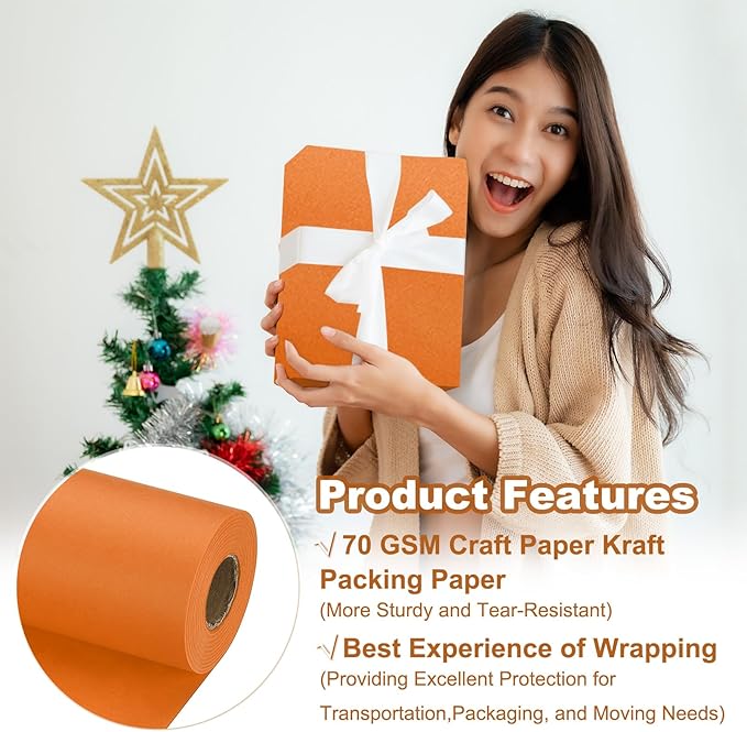 PATIKIL Wrapping Paper, 12" x 800"(66') 70 GSM Craft Paper Roll Kraft Packing Paper for Poster Bulletin Board, Gift Wrapping, Orange