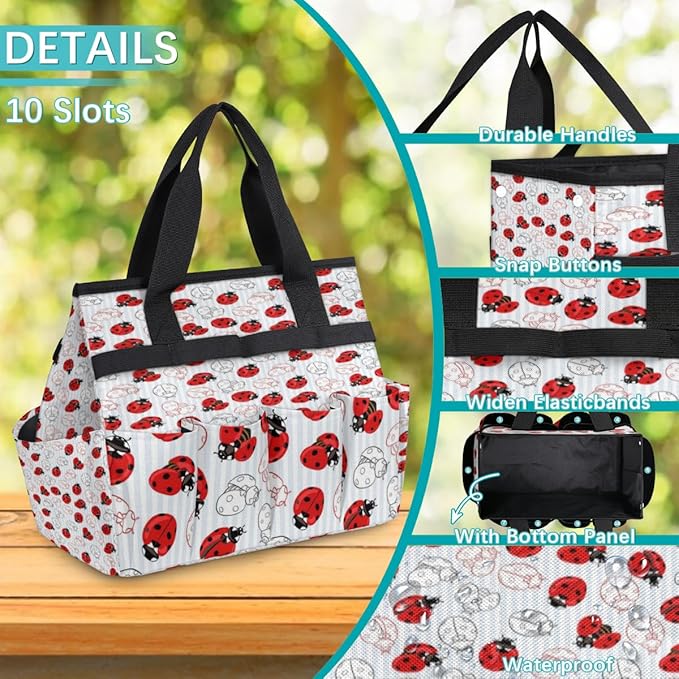 Ladybug Pattern Garden Tool Tote Bag for Women Men Gardening Tool Storage Bags with 10 Pockets Standable Garden Home Tool Kits Organizer for Indoor Outdoor Gardening Gifts