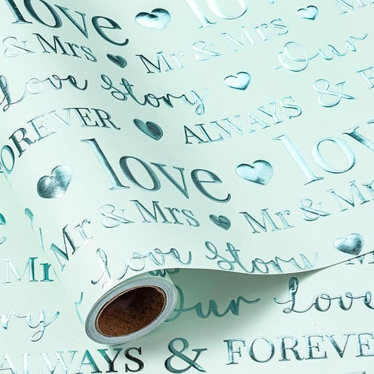 RUSPEPA Wedding Wrapping Paper, Mini Roll, Bridal Shower Gift Wrap, Mint Green Gold Foil LOVE Design, Perfect for Engagement, Anniversary, 17 Inches x 16.5 Feet