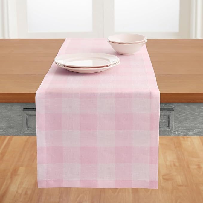 Solino Home Linen Checkered Table Runner 156 Inches Long - 100% Pure Linen Marshmellow Pink Buffalo Check Table Runner 14 x 156 Inch Ideal for Dining, Valentines, Spring, Easter