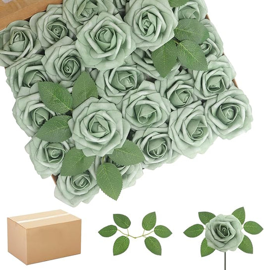 200PCS Elf Green Artificial Flowers Roses Real Looking Foam Fake Roses with Leaves for DIY Wedding Bouquets Bridal Shower Party Decorations (Elf Green, 200)