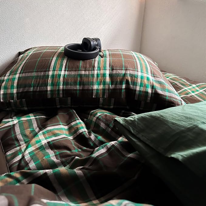 LifeTB Brown Green Plaid Comforter Set King Size, 3 Pieces Grid Gingham Bedding Comforter with 2 Pillowcases, Fluffy Soft Farmhouse Grid Bedding Vintage Plaid Checkered Comforter Set for All Seasons