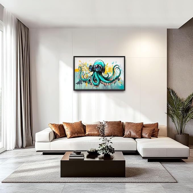 Ocean Octopus Large Wall Art Nautical Pictures Wall Decor Green Canvas Octopus Print Painting Modern Artwork Home Decoration for Living Room Bathroom Bedroom Office Framed 36"x24"