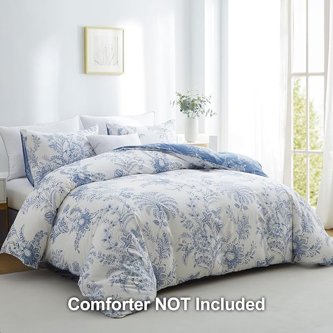 Nayoroom Floral Duvet Cover Set Queen Size Cottagecore White Blue Flower Leaf Comforter Cover 3Pcs Soft Breathable Microfiber Pastoral Garden Aesthetic Bedding Set with Zipper Closure
