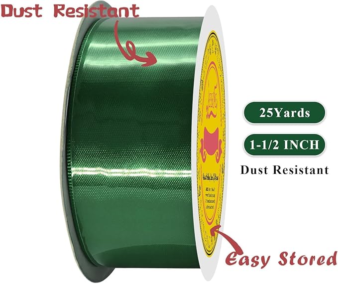Double Face Forest Green Satin Ribbon 1-1/2 inch X 25 Yards Polyester Forest Green Ribbon for Gift Wrapping Very Suitable for Weddings Party Hair Bow Invitation Decorations and More