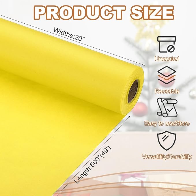 PATIKIL Wrapping Paper, 20" x 600"(49') 70 GSM Craft Paper Roll Kraft Packing Paper for Poster Bulletin Board, Gift Wrapping, Yellow