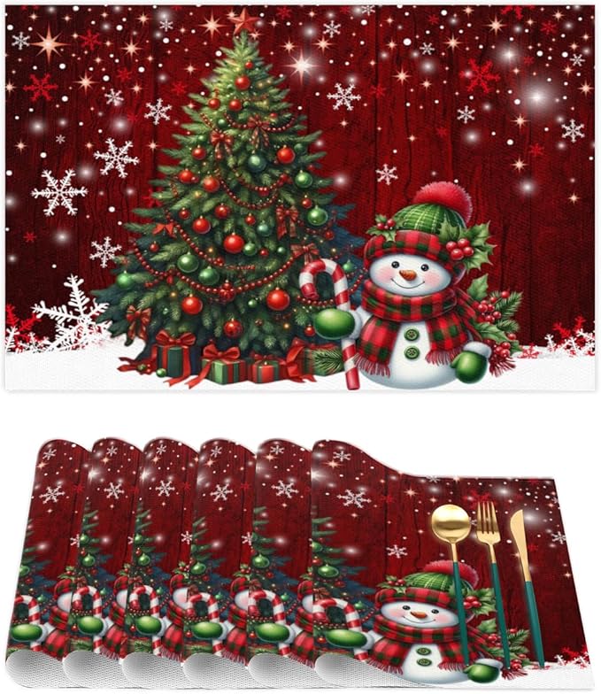 Xmas Christmas Tree Snowman Red Placemats Set of 1 PVC Vinyl Non Slip Table Mats Heat Resistant Place Mats Washable Wipeable Dining Table Mat for Kitchen Decor Party Indoor Outdoor Decorative Gift