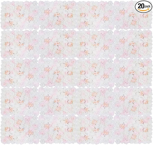 16"x 24" Artificial Flower Wall Panels,Flower Wall Mat Silk Flower Panels for Outdoor Garden Backyard Fence Fence Privacy Screen and Indoor Wall Decor(20Pcs Light Pink+White)