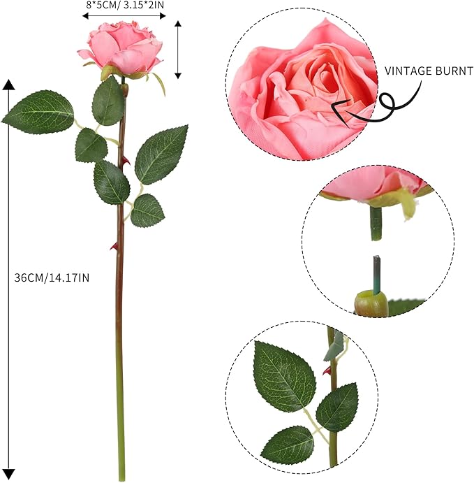 IPOPU Pink Roses Artificial Flowers 12PCS Pink Fake Roses Dried Silk Flowers with Single Stems Faux Rose Realistic Pink Flower Centerpieces for Tables Wedding Bouquet Floral Arrangements