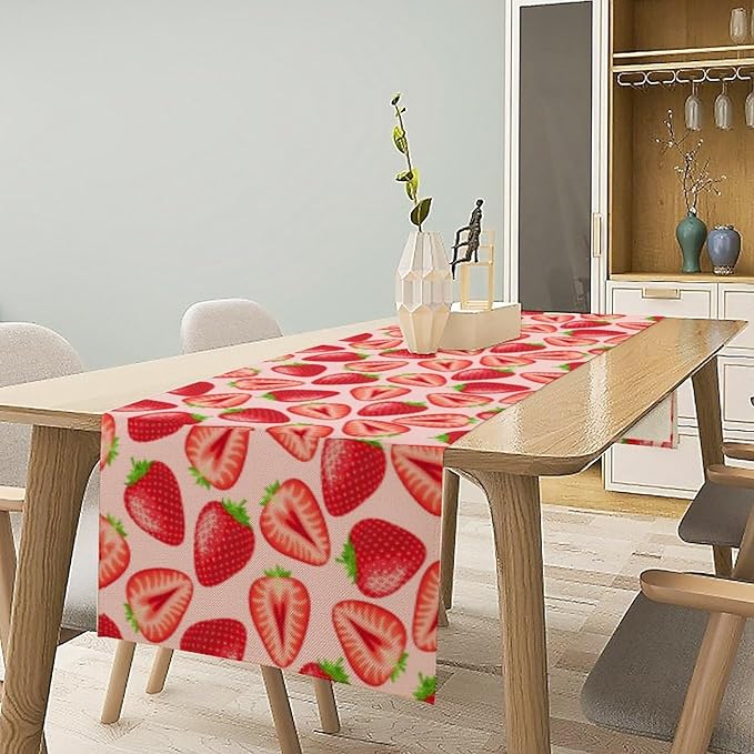 Strawberry Table Runner, Spring Summer Fruit Birthday Party Decorations Dining Room Home Kitchen Table Decor 13 x 70In