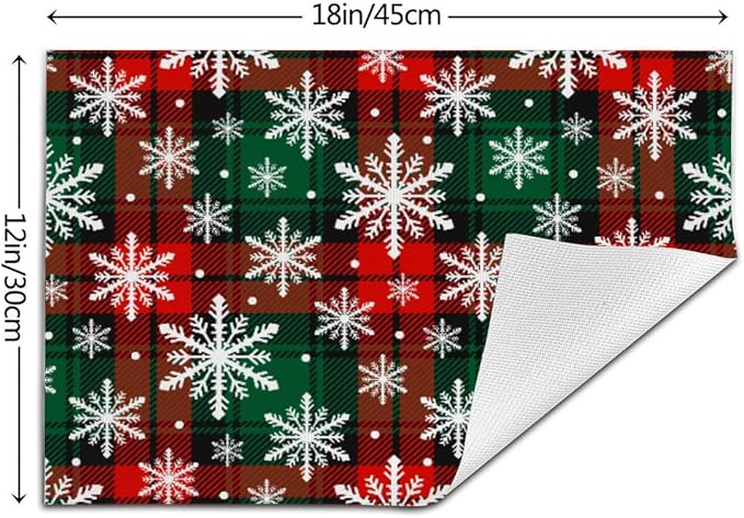 PVC Placemats Set of 6 Wipeable Table Mats Washable Heat Resistant Non Slip Vinyl Dining Table Mat for Kitchen Indoor Outdoor Patio Farmhouse Place Mats Grid Green Red Xmas Decorative